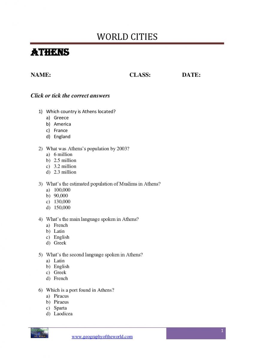 Athens city question and answer worksheet image