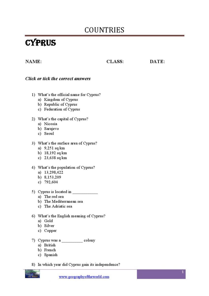 cyprus country info worksheet
