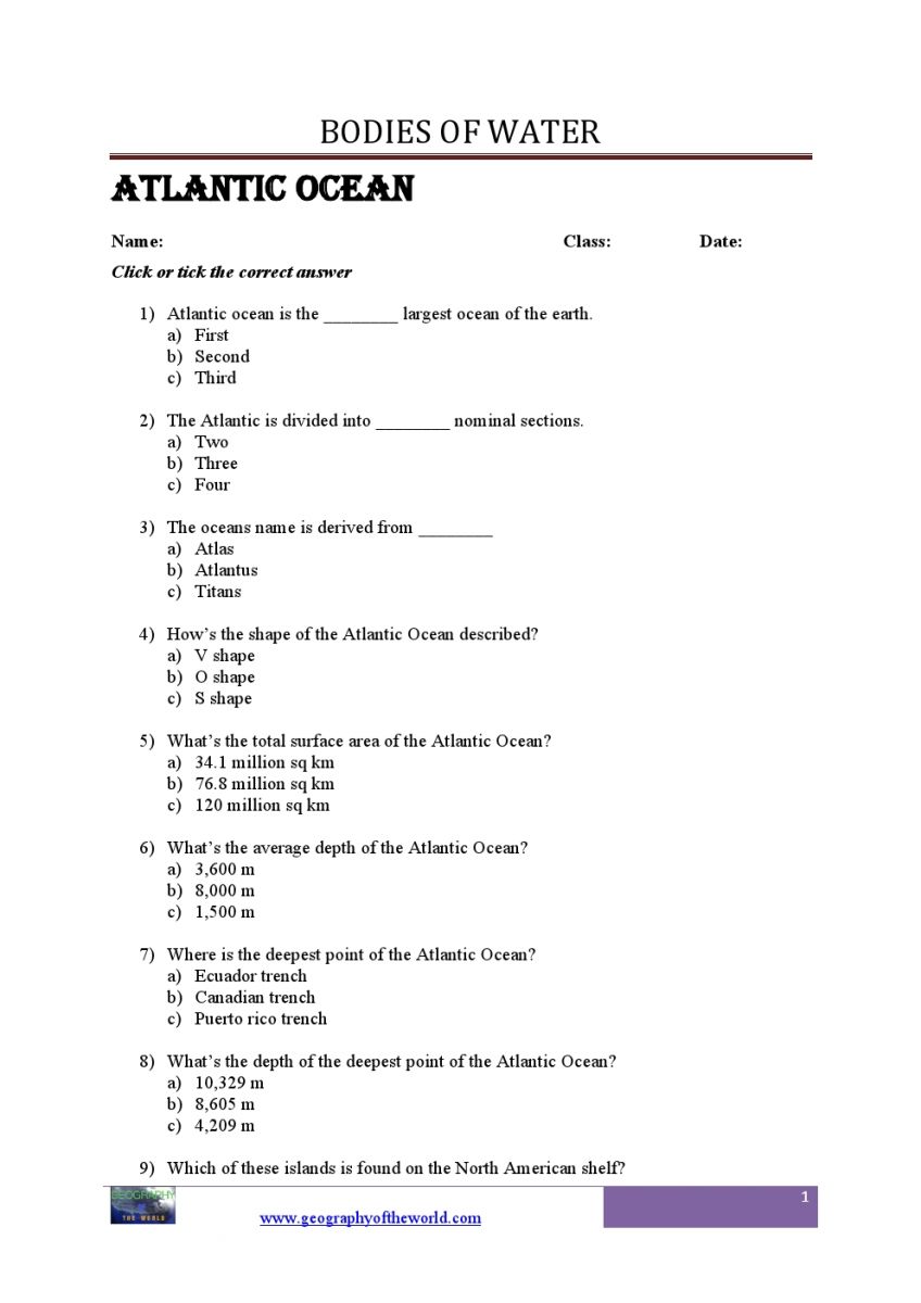 Bodies of Water Questions and Answers Geography printable Worksheets pdf